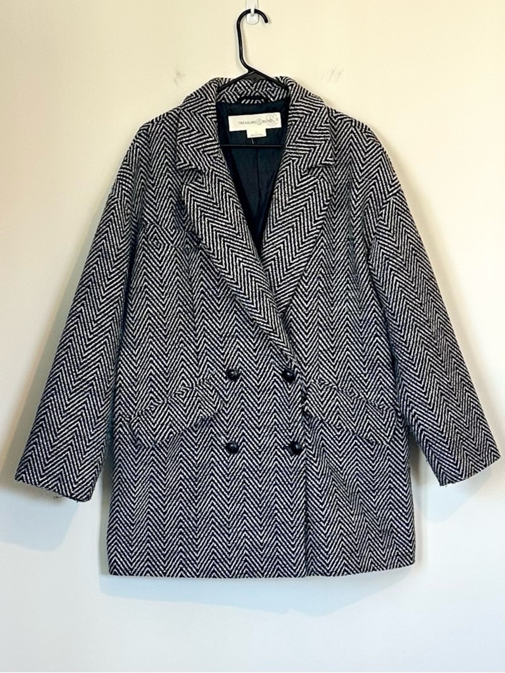 Treasure & Bond Black & White Herringbone Oversized Double-Breasted Coat - Large